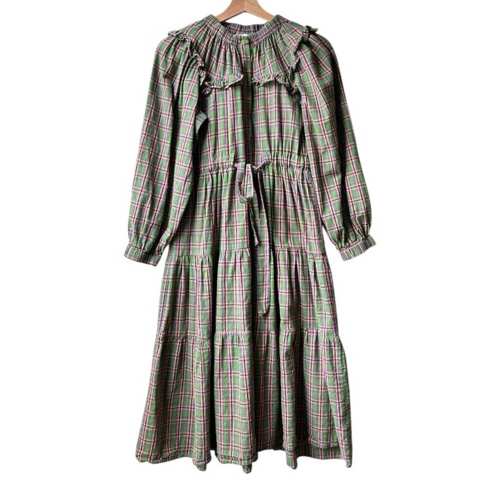 shirt by rochelle behrens Green Pink Flannel Plaid Ruffle Long Sleeve Dress Sz S